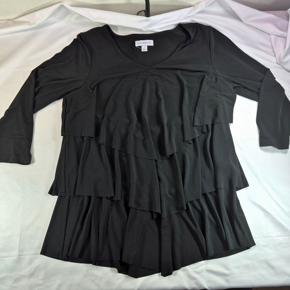 Susan Graver Top Women's Black Liquid Knit Tiered 3/4 Sleeve Scoop Neck Blouse S - Picture 5 of 11